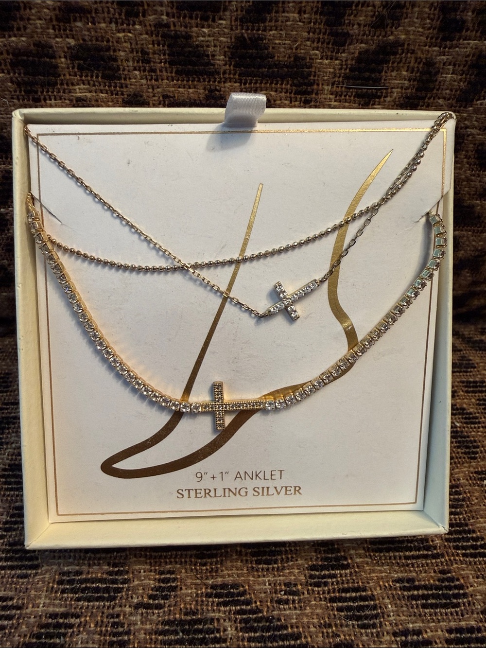 Two Separate Sterling Silver Cross Layered Anklet Set - Gold Chains.